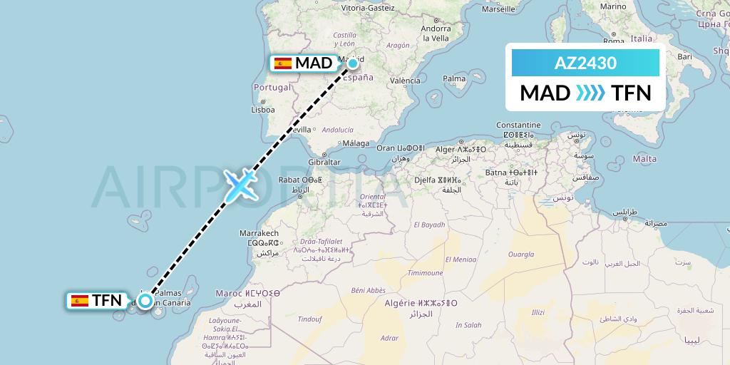 AZ2430 ITA Airways Flight Map: Madrid to Tenerife