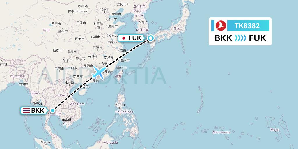 TK8382 Turkish Airlines Flight Map: Bangkok to Fukuoka