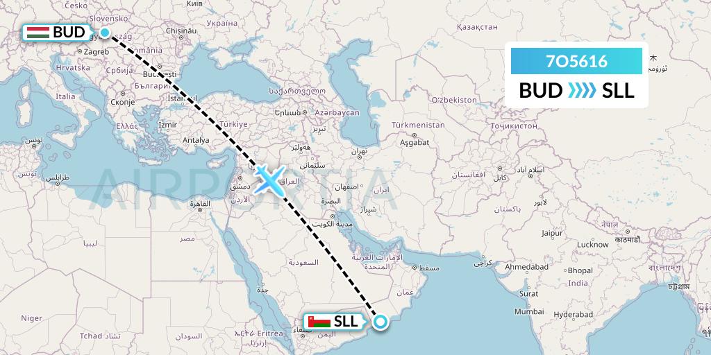 7O5616 Travel Service Hungary Flight Map: Budapest to Salalah