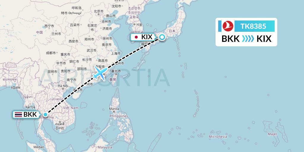TK8385 Turkish Airlines Flight Map: Bangkok to Osaka