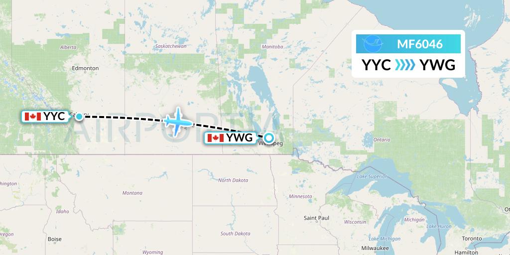MF6046 Xiamen Airlines Flight Map: Calgary to Winnipeg