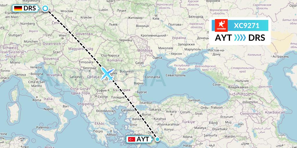XC9271 Corendon Airlines Flight Map: Antalya to Dresden