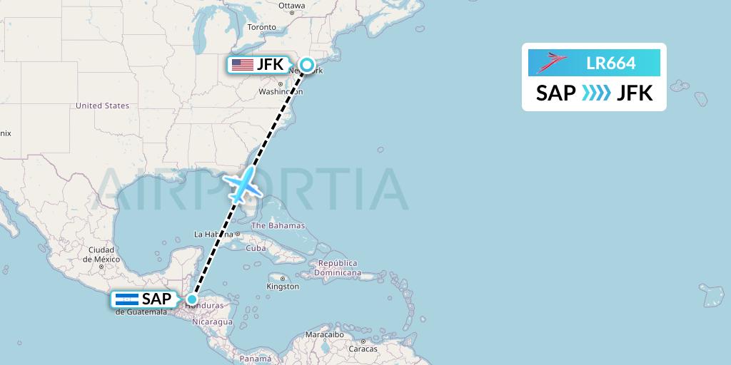 LR664 Lacsa Flight Map: San Pedro Sula to New York