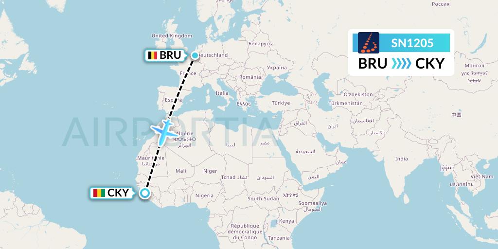 SN1205 Brussels Airlines Flight Map: Brussels to Conakry