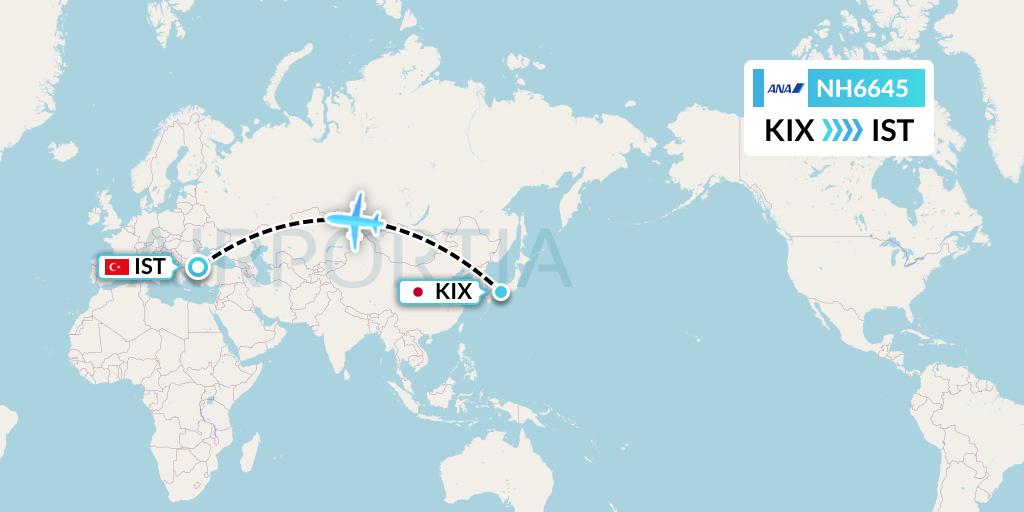 NH6645 All Nippon Airways Flight Map: Osaka to Istanbul