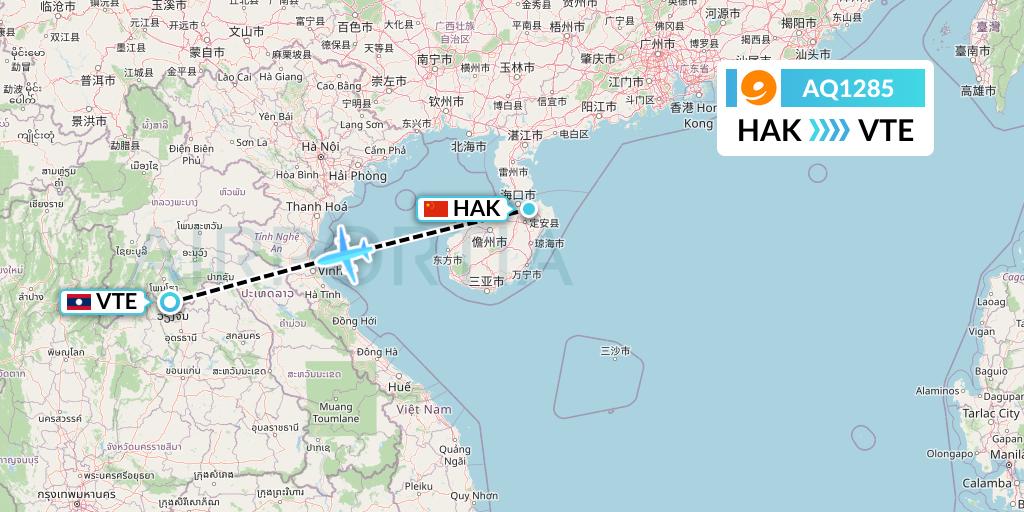AQ1285 9 Air Flight Map: Haikou to Vientiane