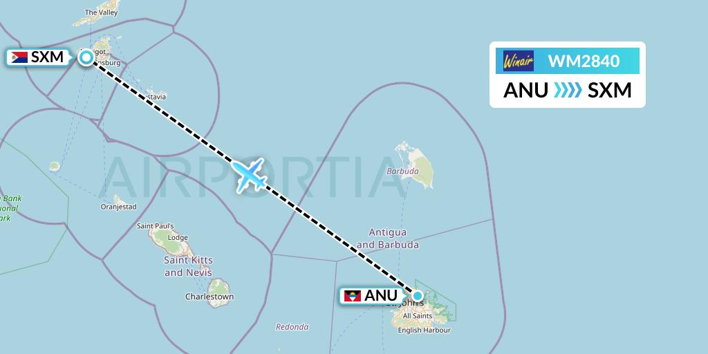 WM2840 Winair Flight Map: Antigua to Sint Maarten