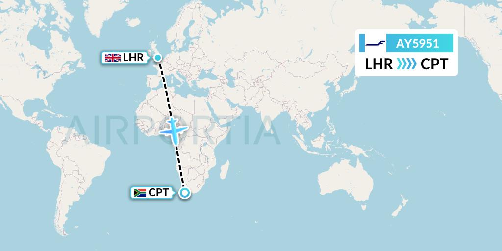 AY5951 Finnair Flight Map: London to Cape Town