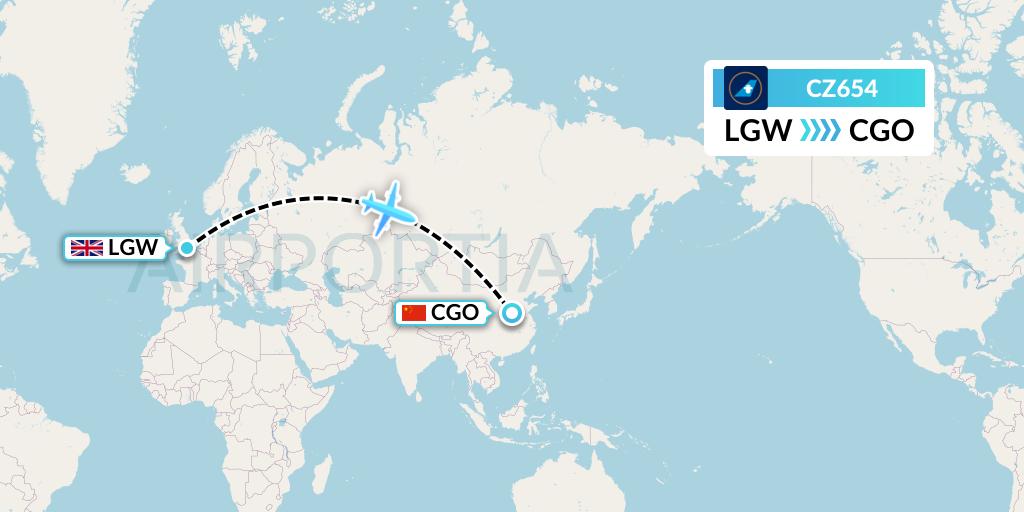 CZ654 China Southern Airlines Flight Map: London to Zhengzhou