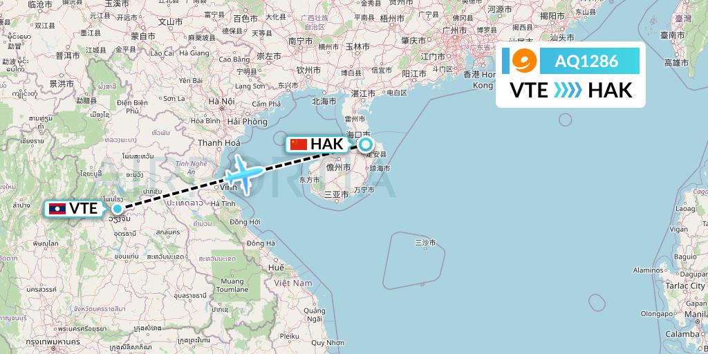 AQ1286 9 Air Flight Map: Vientiane to Haikou