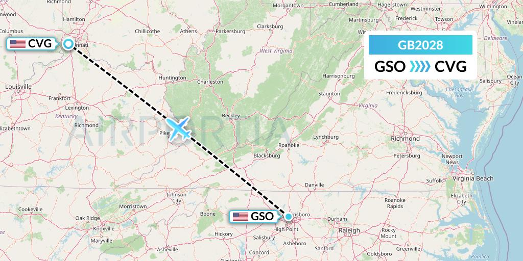 GB2028 ABX Air Flight Map: Greensboro to Cincinnati