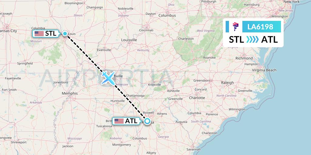 LA6198 LAN Airlines Flight Map: St. Louis to Atlanta