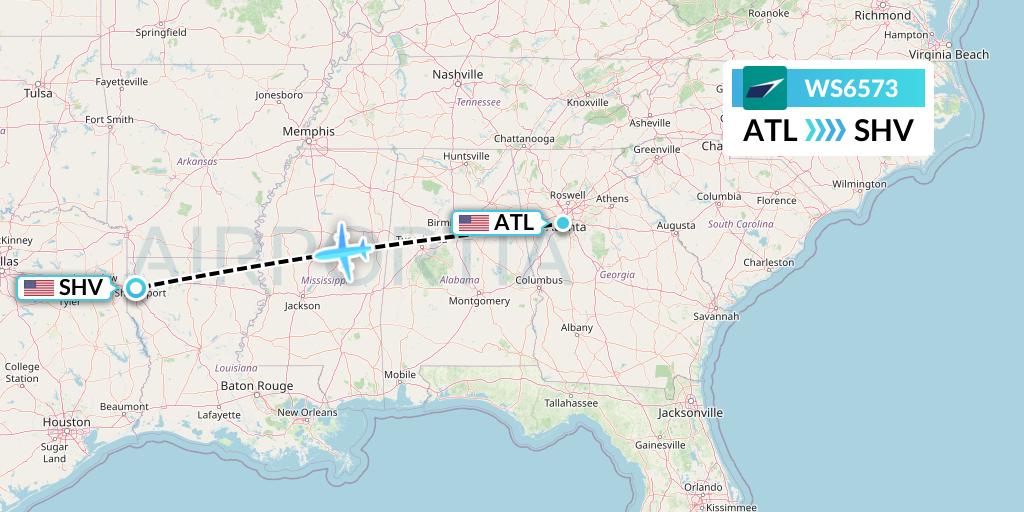 WS6573 WestJet Flight Map: Atlanta to Shreveport
