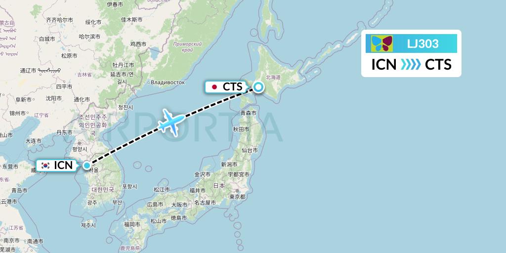 LJ303 Jin Air Flight Map: Seoul to Sapporo