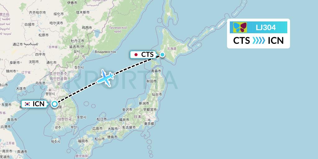LJ304 Jin Air Flight Map: Sapporo to Seoul