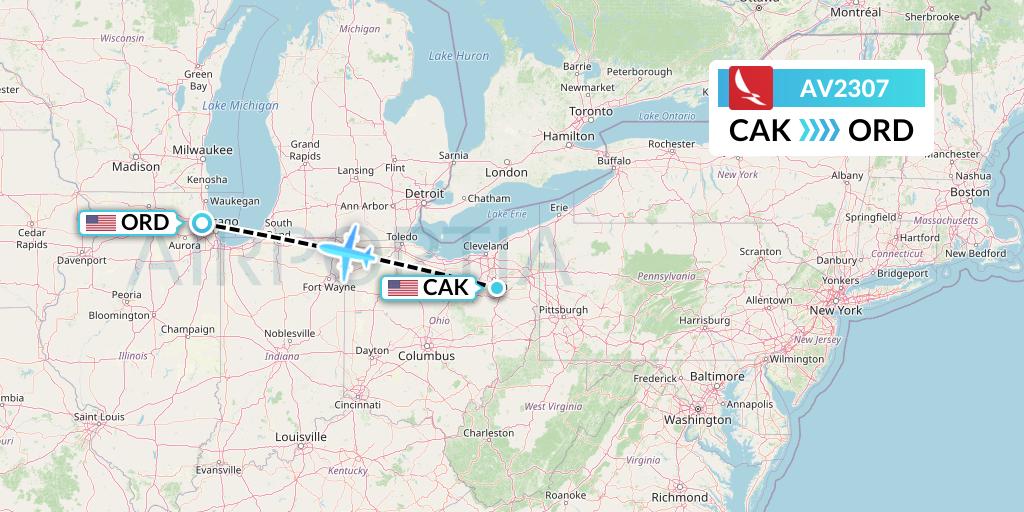 AV2307 Avianca Flight Map: Akron to Chicago