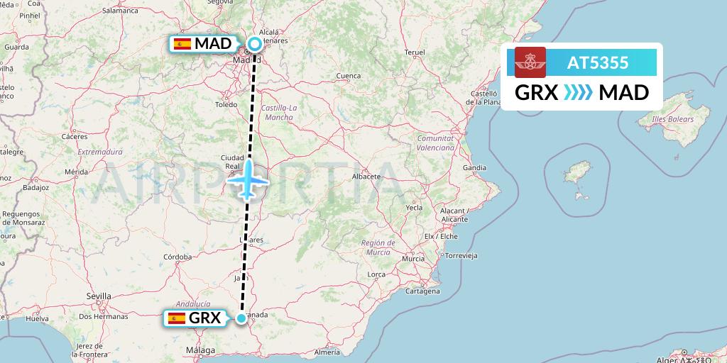 AT5355 Royal Air Maroc Flight Map: Granada to Madrid