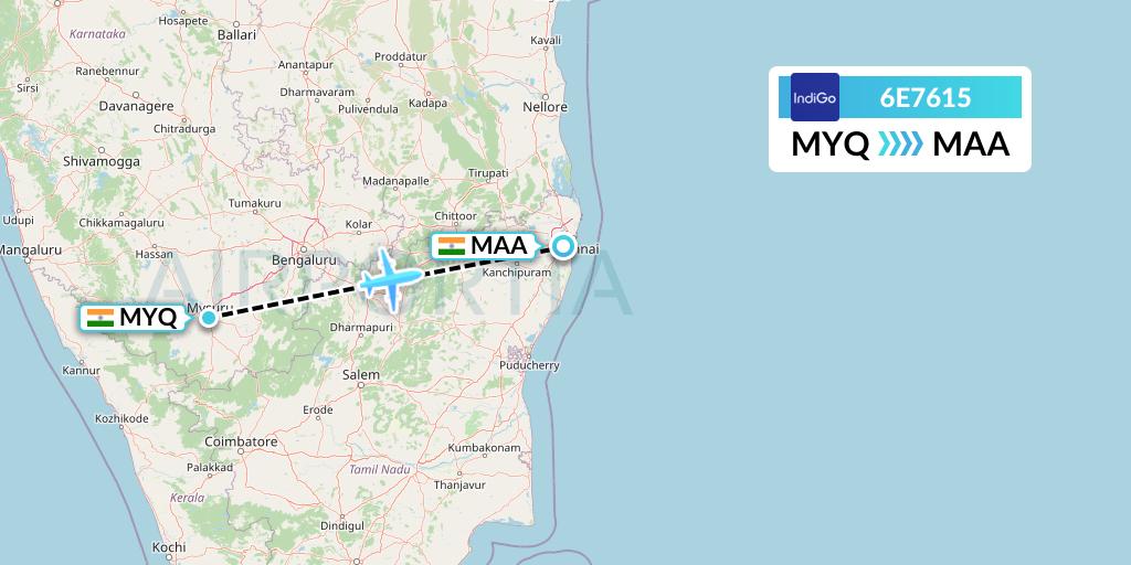 6E7615 IndiGo Airlines Flight Map: Mysore to Chennai