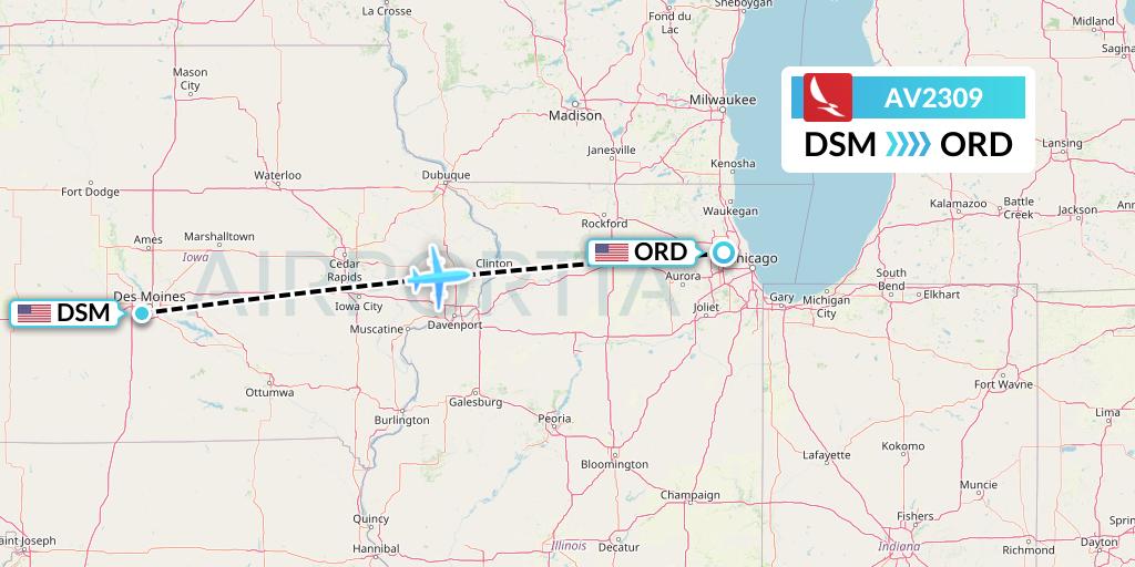 AV2309 Avianca Flight Map: Des Moines to Chicago