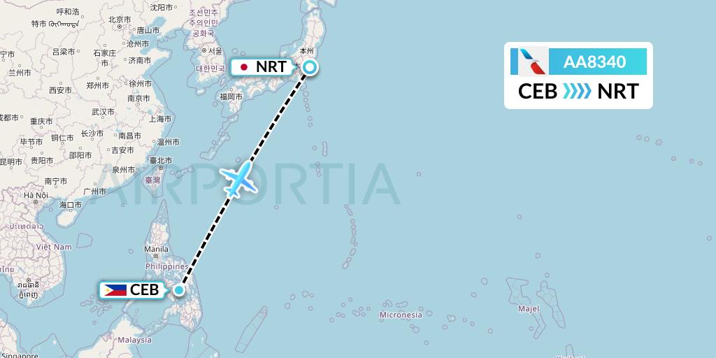 AA8340 American Airlines Flight Map: Cebu to Tokyo