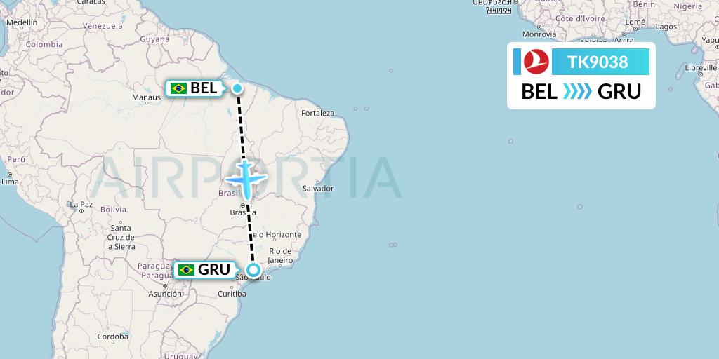 TK9038 Turkish Airlines Flight Map: Belem to Sao Paulo
