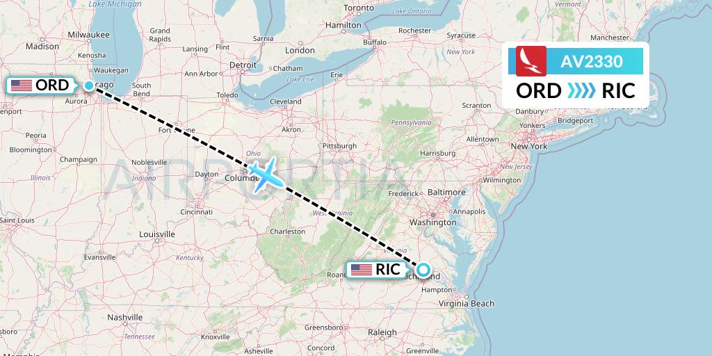 AV2330 Avianca Flight Map: Chicago to Richmond