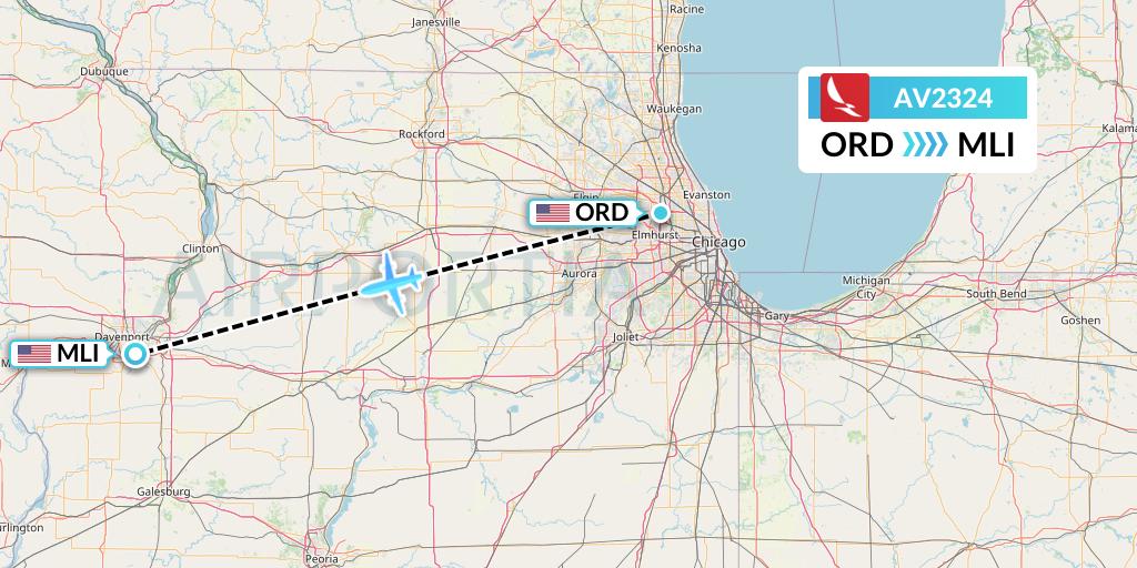 AV2324 Avianca Flight Map: Chicago to Moline
