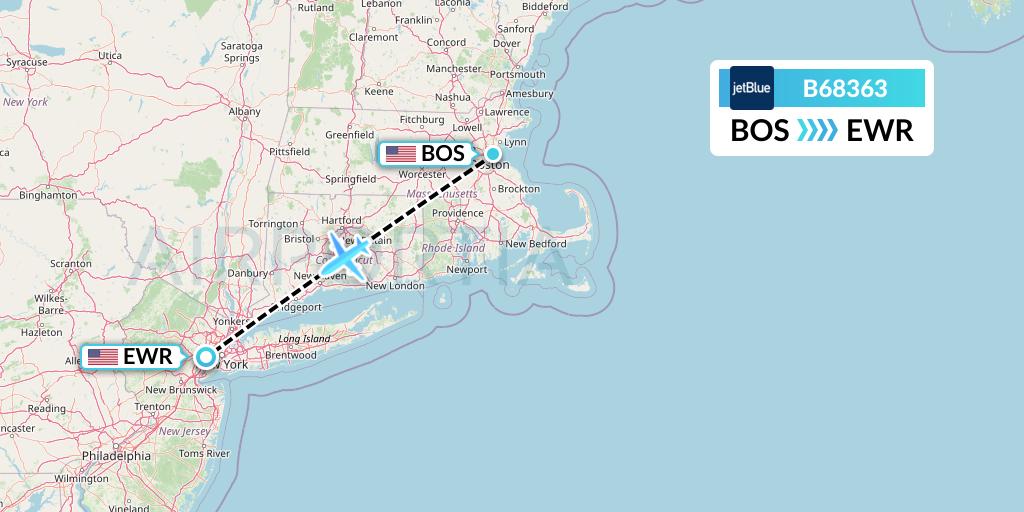 B68363 JetBlue Airways Flight Map: Boston to New York
