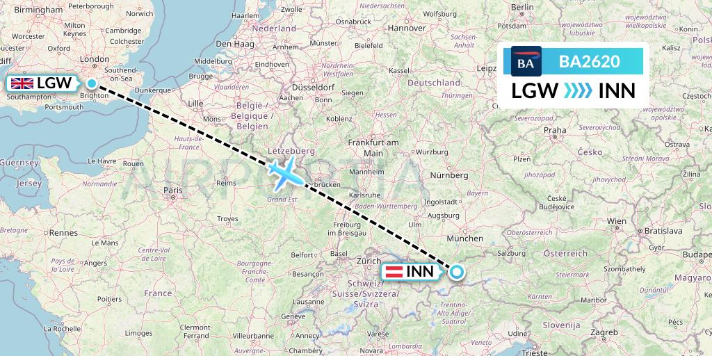BA2620 British Airways Flight Map: London to Innsbruck
