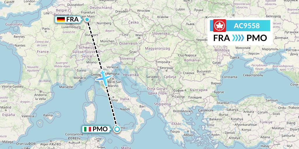 AC9558 Air Canada Flight Map: Frankfurt to Palermo