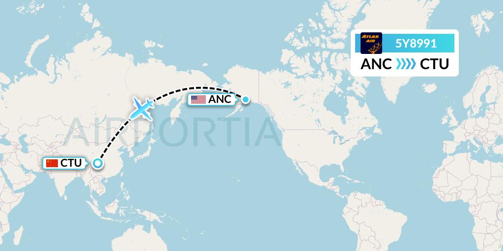 5Y8991 Atlas Air Flight Map: Anchorage to Chengdu
