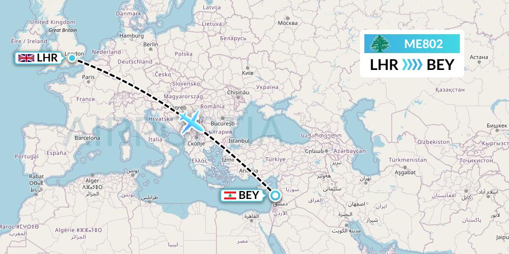 ME802 MEA Flight Map: London to Beirut