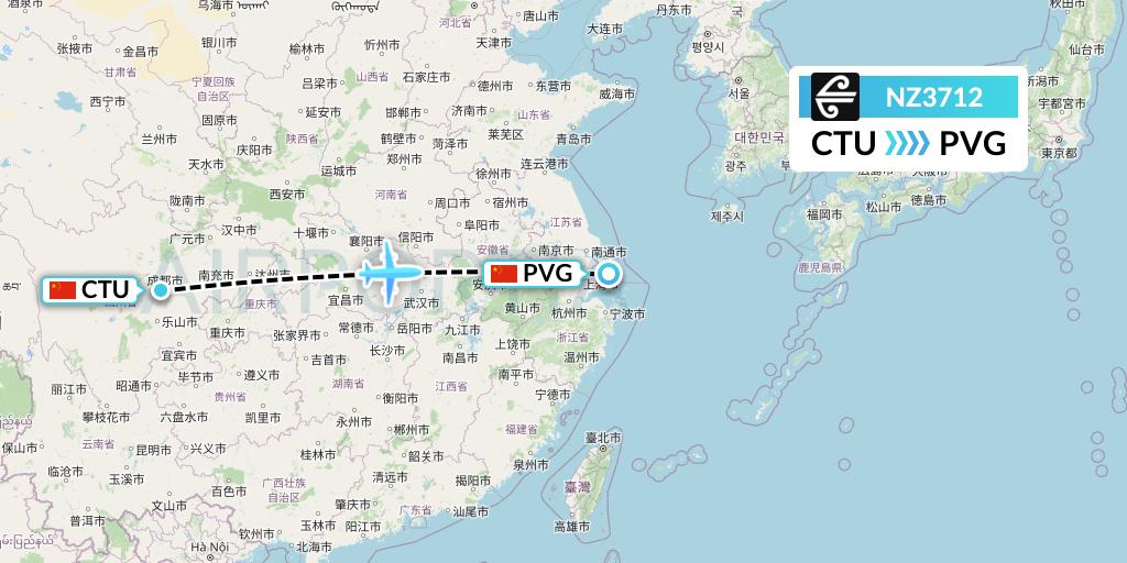 NZ3712 Air New Zealand Flight Map: Chengdu to Shanghai