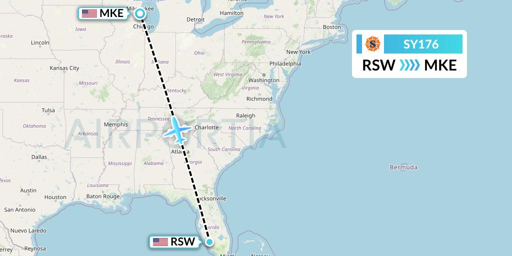 SY176 Sun Country Airlines Flight Map: Fort Myers to Milwaukee