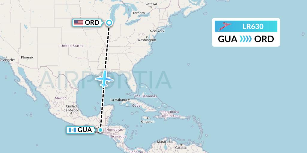 LR630 Lacsa Flight Map: Guatemala City to Chicago