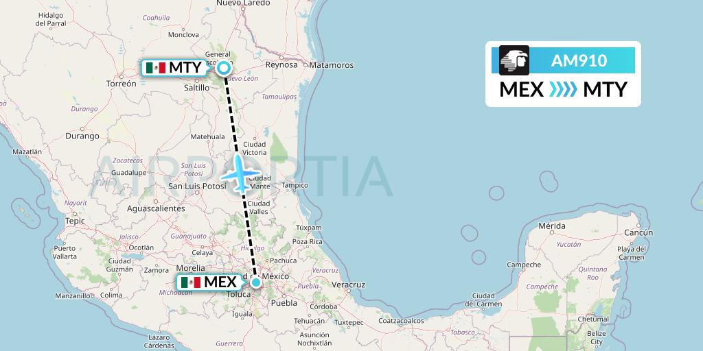 AM910 Aeromexico Flight Map: Mexico City to Monterrey