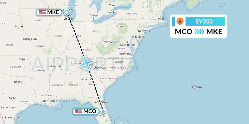 SY202 Sun Country Airlines Flight Map: Orlando to Milwaukee