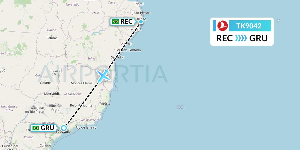 TK9042 Turkish Airlines Flight Map: Recife to Sao Paulo