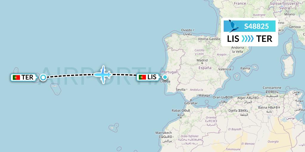 S48825 Azores Airlines Flight Map: Lisbon to Lajes