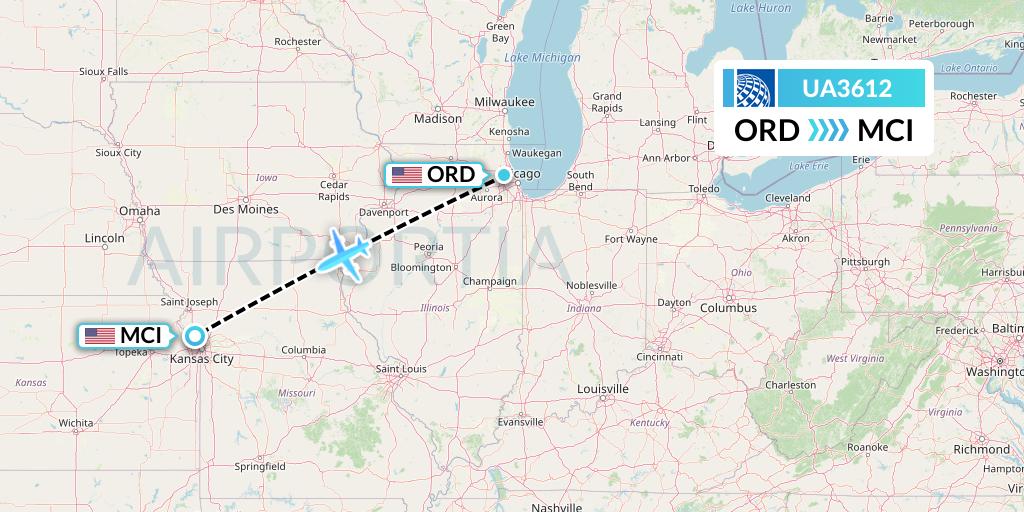 UA3612 United Airlines Flight Map: Chicago to Kansas City