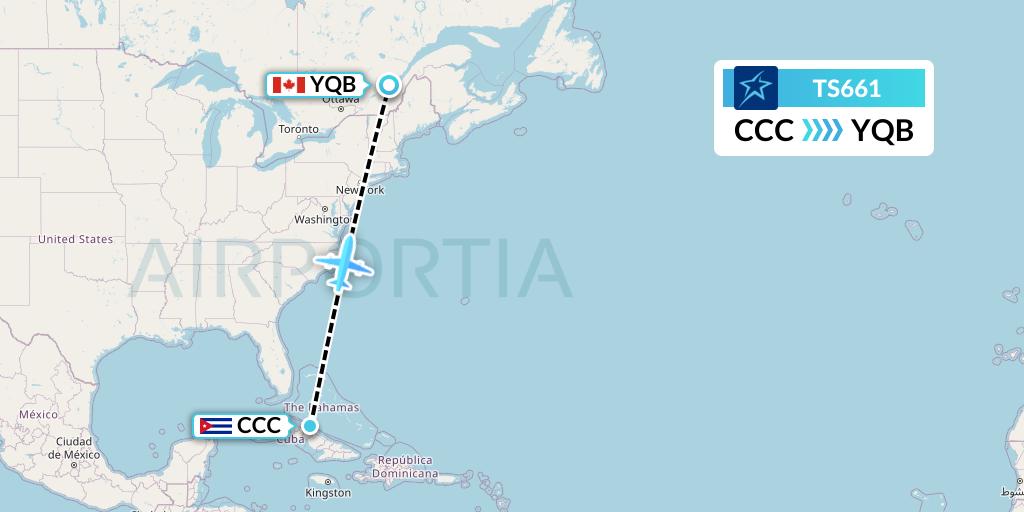 TS661 Air Transat Flight Map: Cayo Coco to Quebec