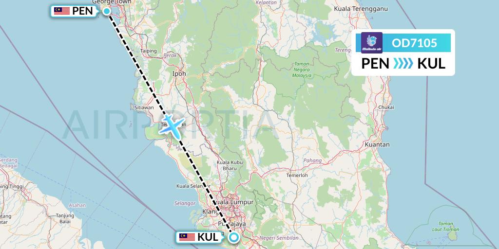 OD7105 Batik Air Malaysia Flight Map: Penang to Kuala Lumpur