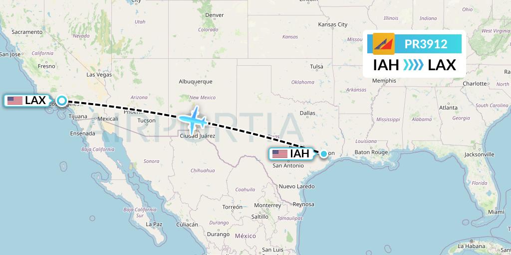 PR3912 Philippine Airlines Flight Map: Houston to Los Angeles