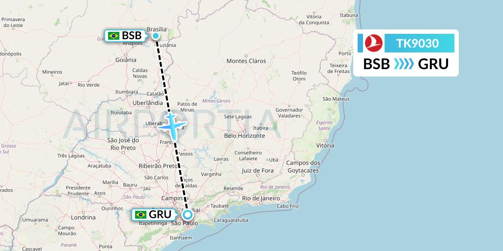 TK9030 Turkish Airlines Flight Map: Brasilia to Sao Paulo