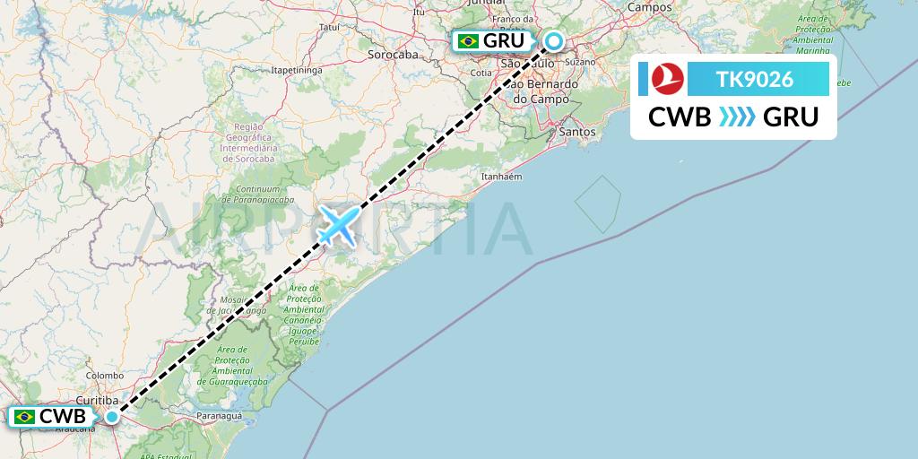 TK9026 Turkish Airlines Flight Map: Curitiba to Sao Paulo