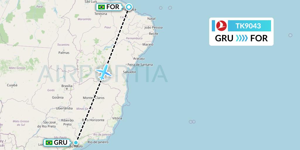 TK9043 Turkish Airlines Flight Map: Sao Paulo to Fortaleza