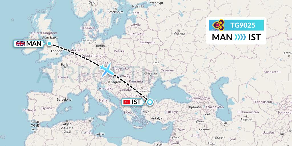 TG9025 Thai Airways Flight Map: Manchester to Istanbul