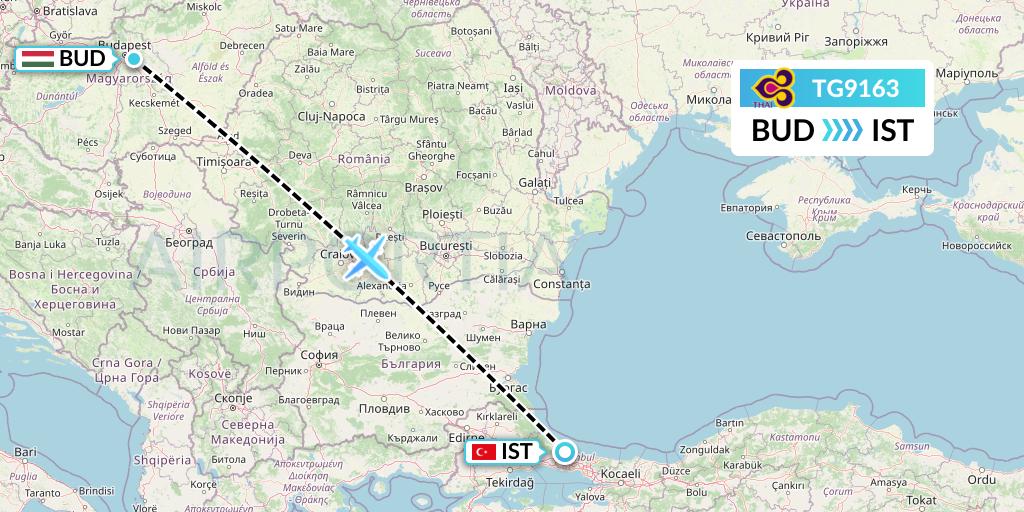 TG9163 Thai Airways Flight Map: Budapest to Istanbul