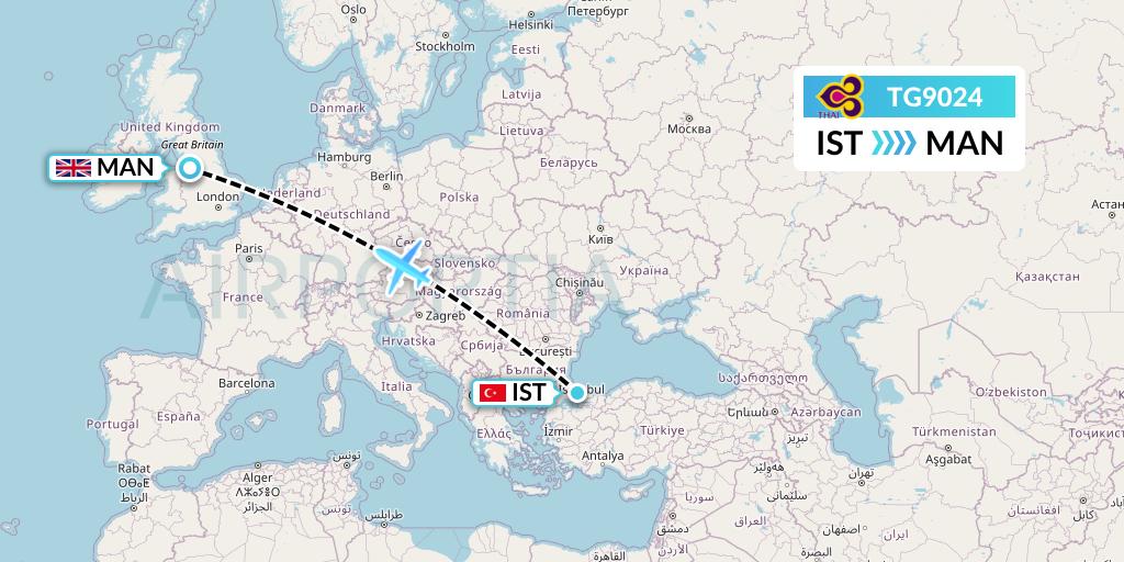 TG9024 Thai Airways Flight Map: Istanbul to Manchester