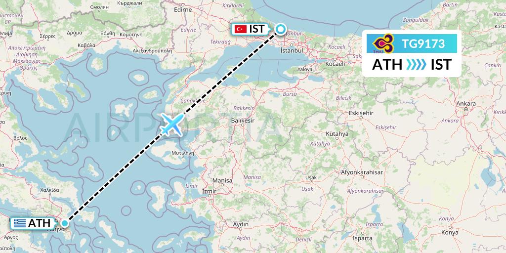 TG9173 Thai Airways Flight Map: Athens to Istanbul